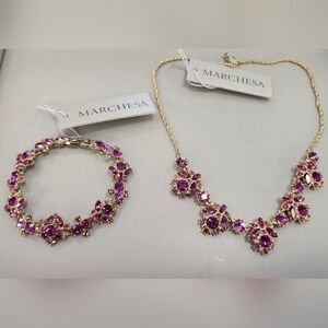 NWT Marchesa Gold/Pink Mixed Crystal Cluster Statement Necklace Bracelet Set